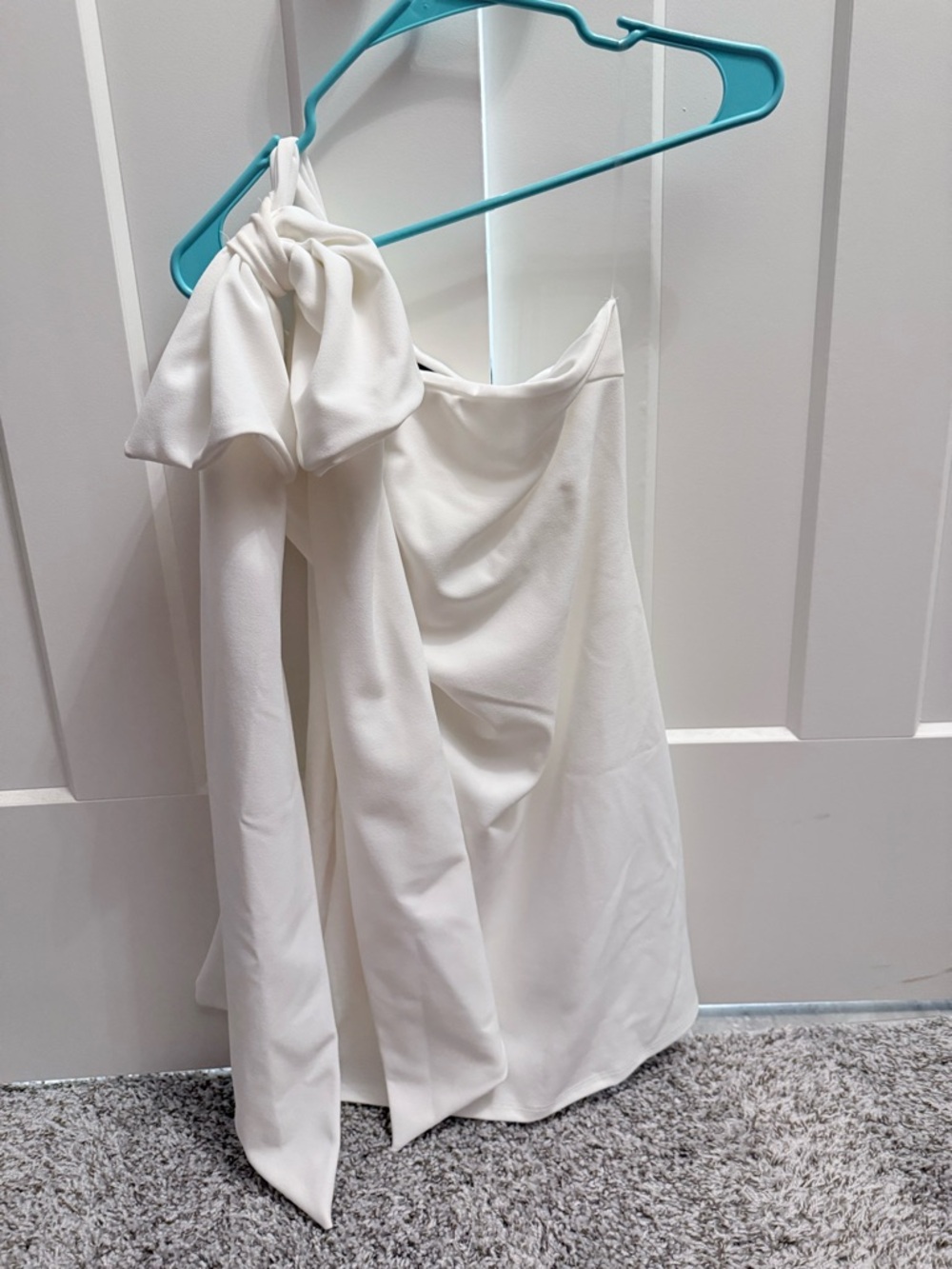 Blue Blush White Draped One-Shoulder Dress with Bow Accent